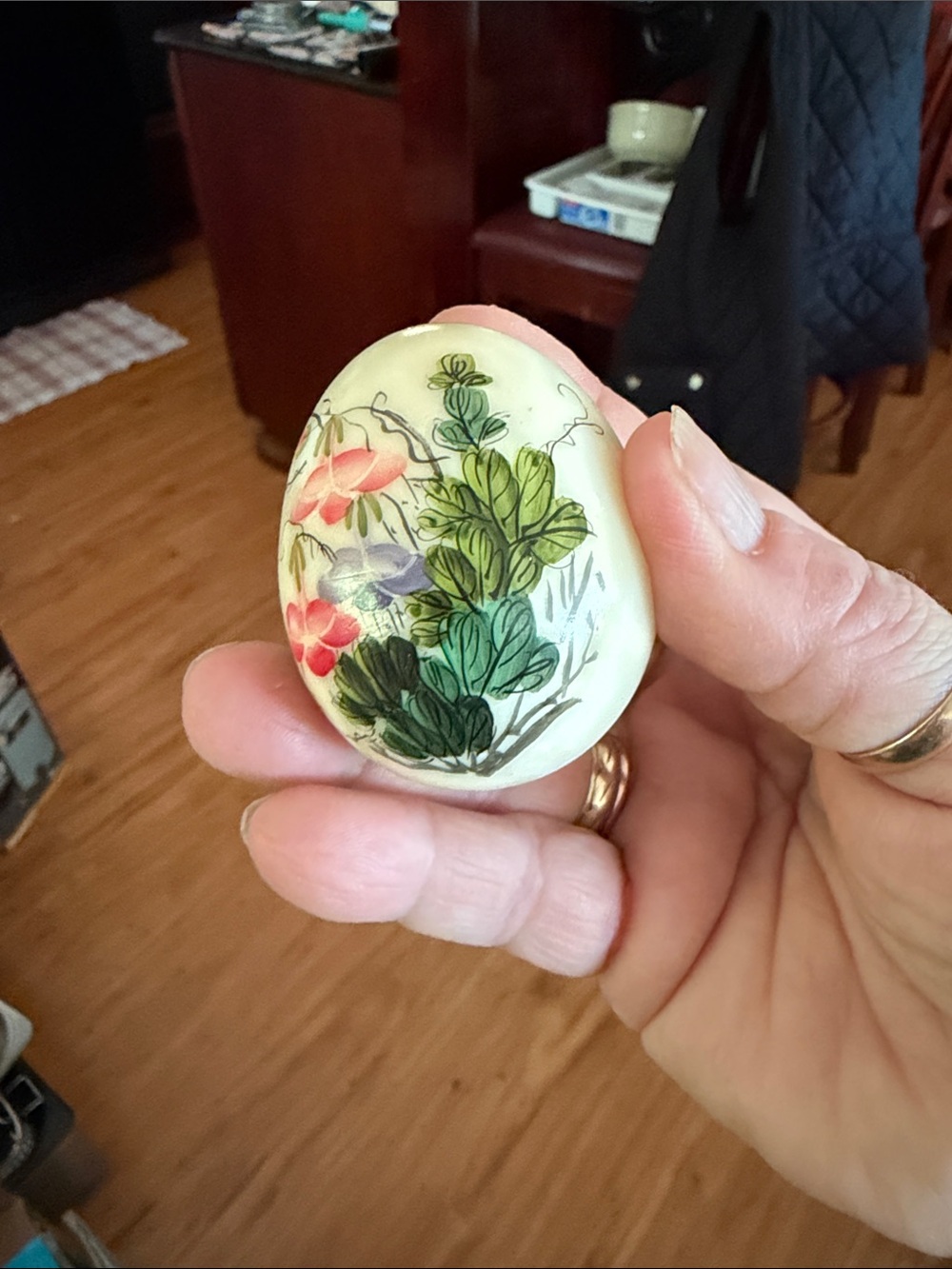 2-Hand-Painted Botanical Decorative Eggs- Cream with Pink & Green Floral Design